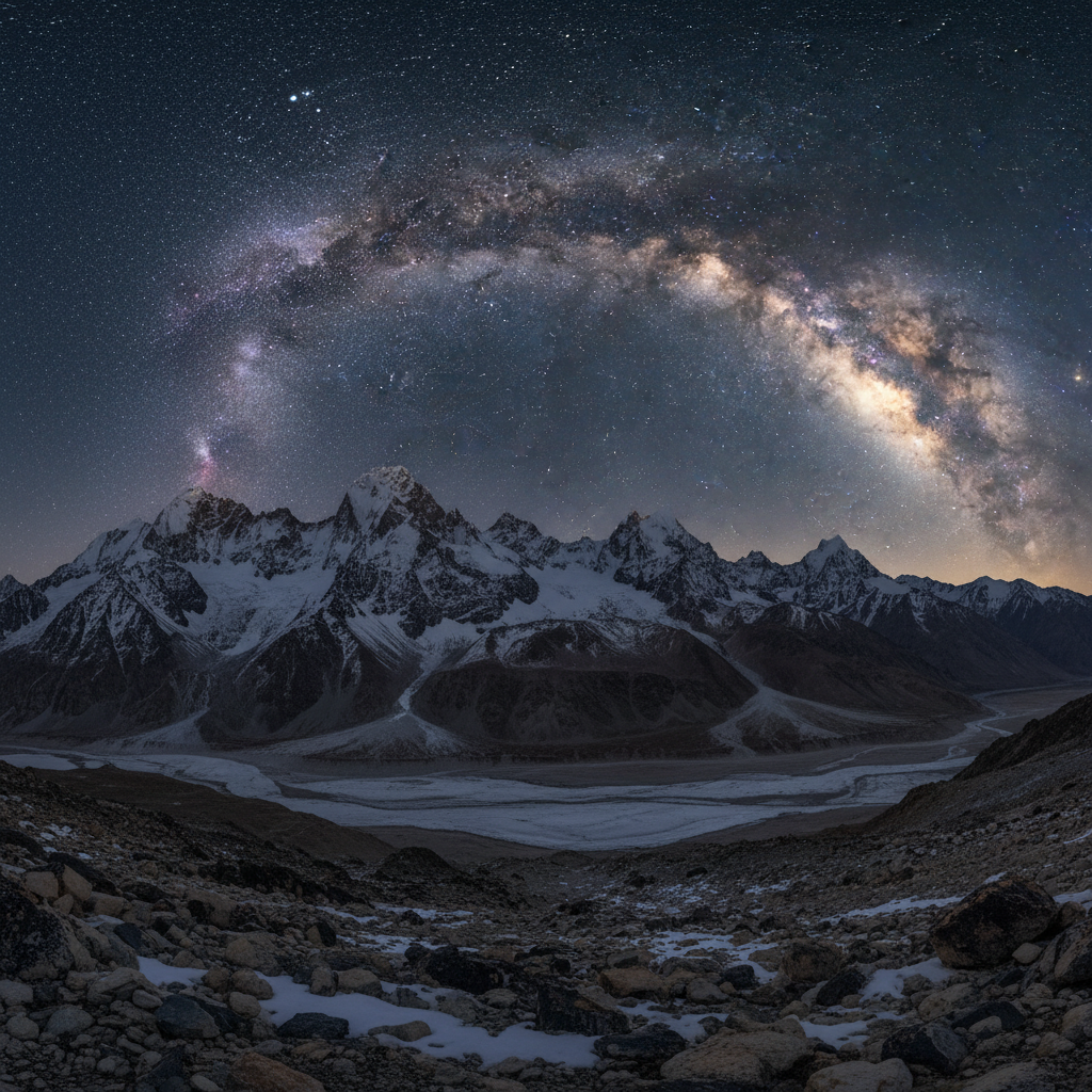 Milky Way arching over snow-capped Himalayan peaks in Ladakh, India under a deep indigo starry sky