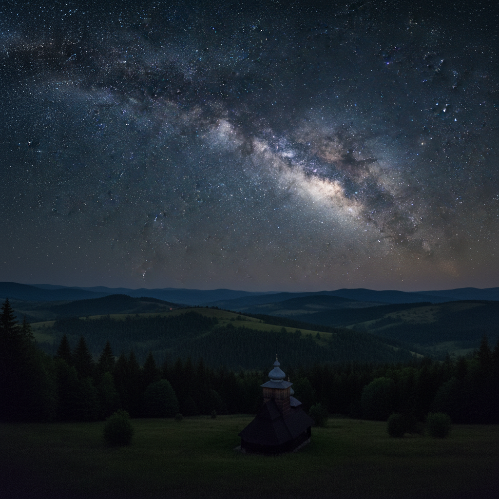 Milky Way arching over the Bieszczady Mountains in Poland with a traditional wooden Orthodox church silhouette under a deep indigo starry sky