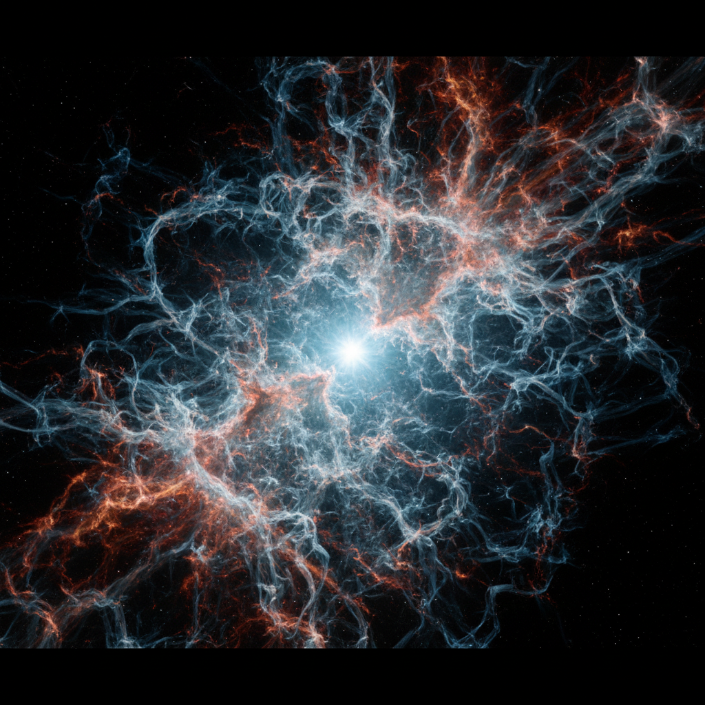 Crab Nebula M1 — chaotic blue-white filaments of a supernova remnant