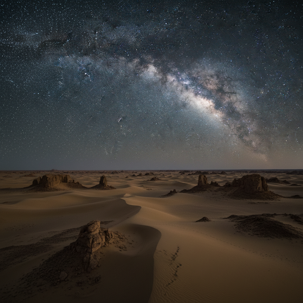Brilliant Milky Way over the remote Gobi Desert in Xinjiang, China — vast landscape under crystal-clear dark sky