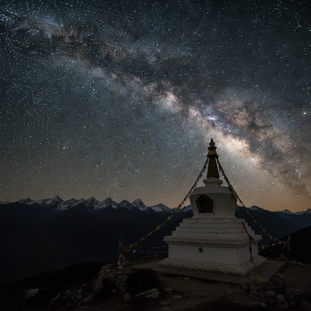 Traditional Tibetan Buddhist white stupa silhouetted against a brilliant Milky Way sky in the mountains of Yunnan, China