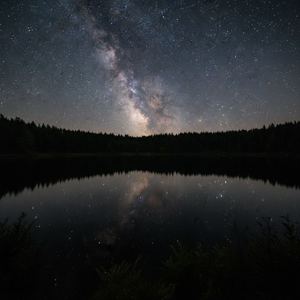 Ancient volcanic Maar crater lake in the Eifel region of Germany reflecting the Milky Way under a brilliantly starry sky