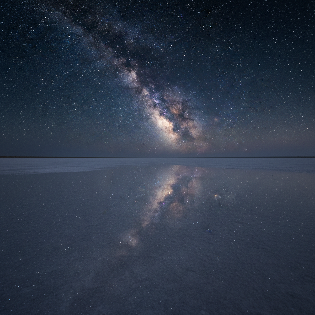 Milky Way reflected in the mirror-like water layer over the Rann of Kutch salt desert at night