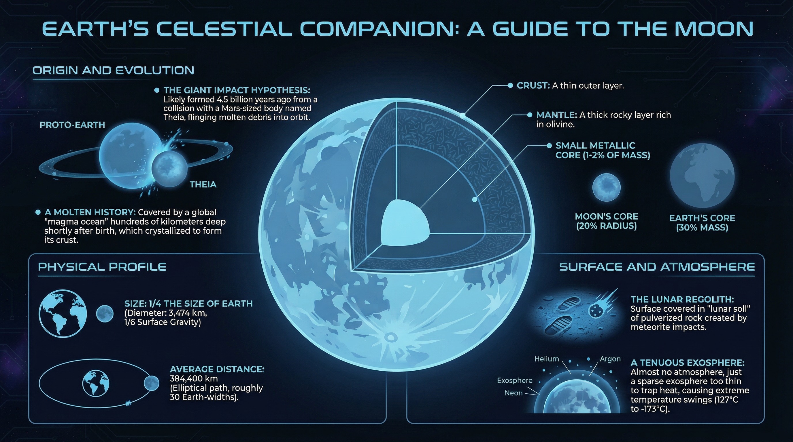 Moon infographic showing key facts and statistics about Earth's Moon