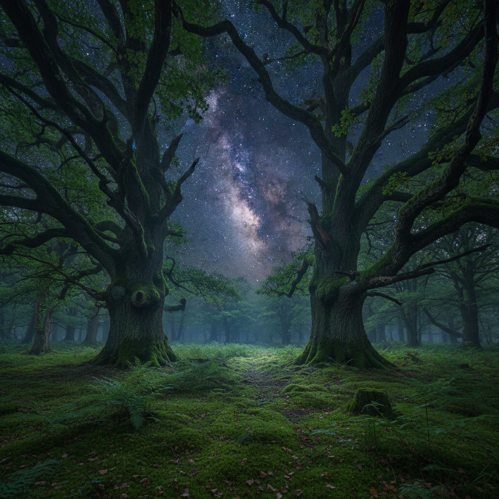 Ancient primeval forest clearing in Białowieża Poland with enormous old oak trees framing the Milky Way overhead