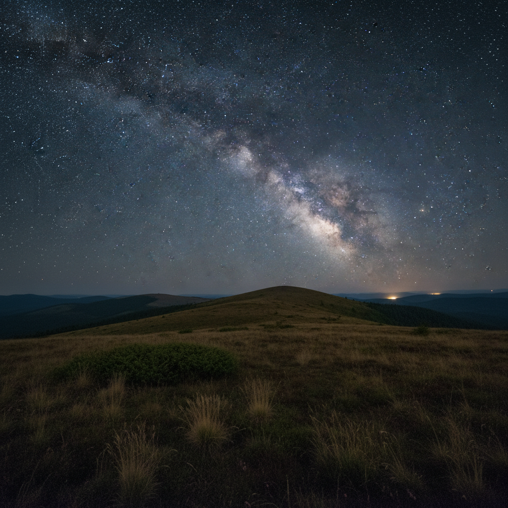 Open połoniny highland meadow in the Bieszczady Mountains under a brilliant Milky Way with treeless rolling hills